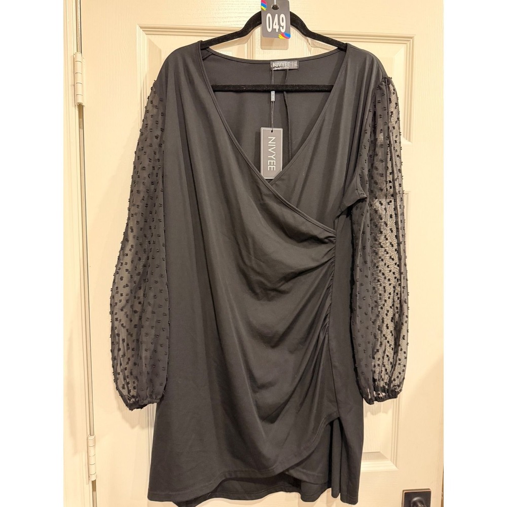 #49 NIVYEE Faux Stretch Wrap Dress Sz. XL Black NWT Cocktail PTP: 22" - 25"